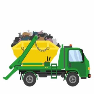 Skip Hire Green Skip Truck with a Yellow Skip Filled with Rubish on the Back Clipart.
