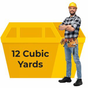 Yellow Skip with 12 Cubic Yards wrote in black and a man in work uniform standing by it for Home Page Dj Hanley's Waste