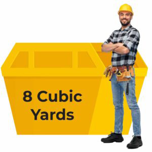 Yellow Skip with 8 Cubic Yards wrote in black and a man in work uniform standing by it for Home Page Dj Hanley's Waste