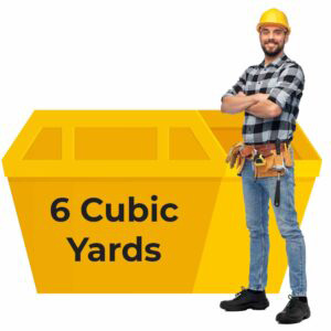 Yellow Skip with 6 Cubic Yards wrote in black and a man in work uniform standing by it for Home Page Dj Hanley's Waste